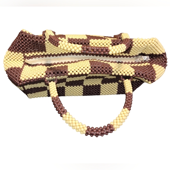 Vtg RARE Brown and Yellow Hand Beaded Authentic Handbag Purse - Picture 4 of 6